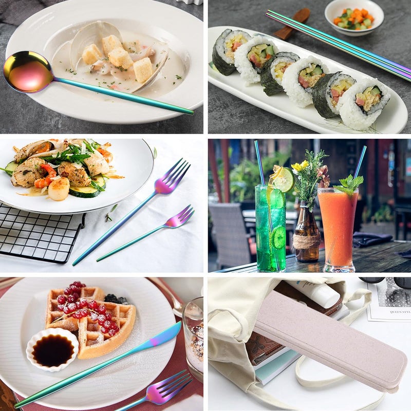 AARAINBOW 8 Pieces Stainless Steel Flatware Set Portable Reusable Cutlery Set Travel Utensils Set Including Chopsticks Knife Fork Spoon Straws Cleaning Brush Dishwasher Safe (Multicolored) - Image 4